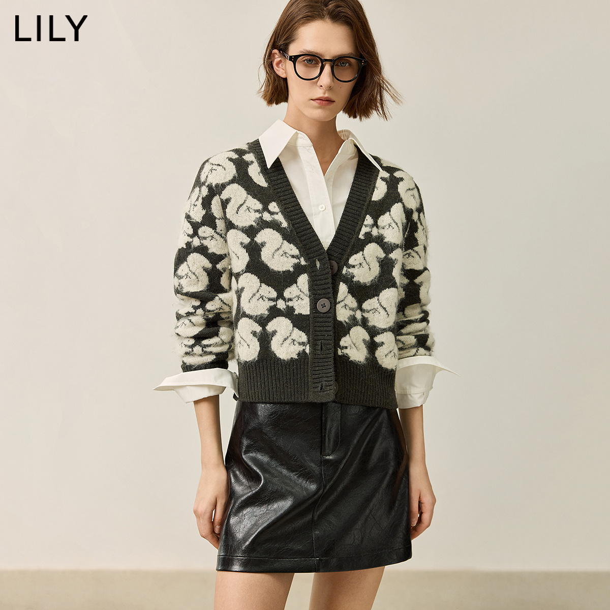 【商场同款】LILY2024冬新款女装老花松鼠满印百搭V领针织开衫女