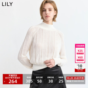 LILY2026冬新款女装简约挑洞肌理小高领休闲通勤米白色针织衫毛衣