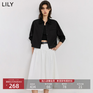 LILY2025新款 简约小翻领全棉宽松休闲百搭通勤黑色夹克外套 女装