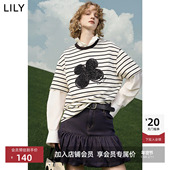 珠片撞色圆领宽松 T恤女2025新品 幸运花TEE LILY条纹纯棉短袖