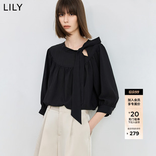 LILY2026新款法式飘带领设计感抽褶泡泡袖上衣七分袖宽松雪纺衫女