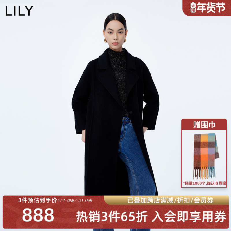 LILY2023冬新款女装全绵羊毛复古气质通勤款时尚黑色毛呢外套大衣