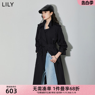 LILY2024春新款 复古双排扣气质英伦风衣显瘦腰带长款 风衣外套 女装