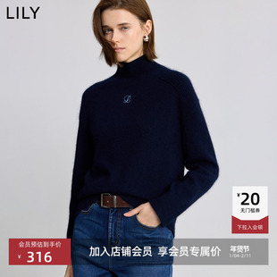 LILY2025冬新款兔绒羊毛混纺纯色半高领绣花加厚套头针织衫毛衣女