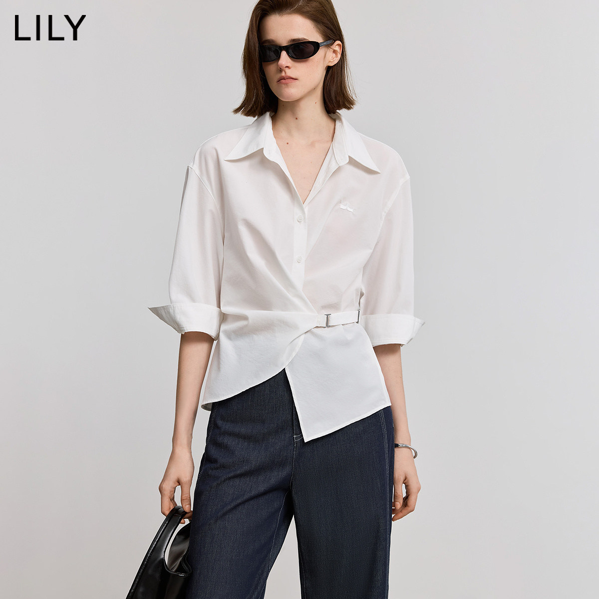 LILY2026夏新款简约休闲落肩七分袖设计感收腰百搭通勤薄款衬衫女