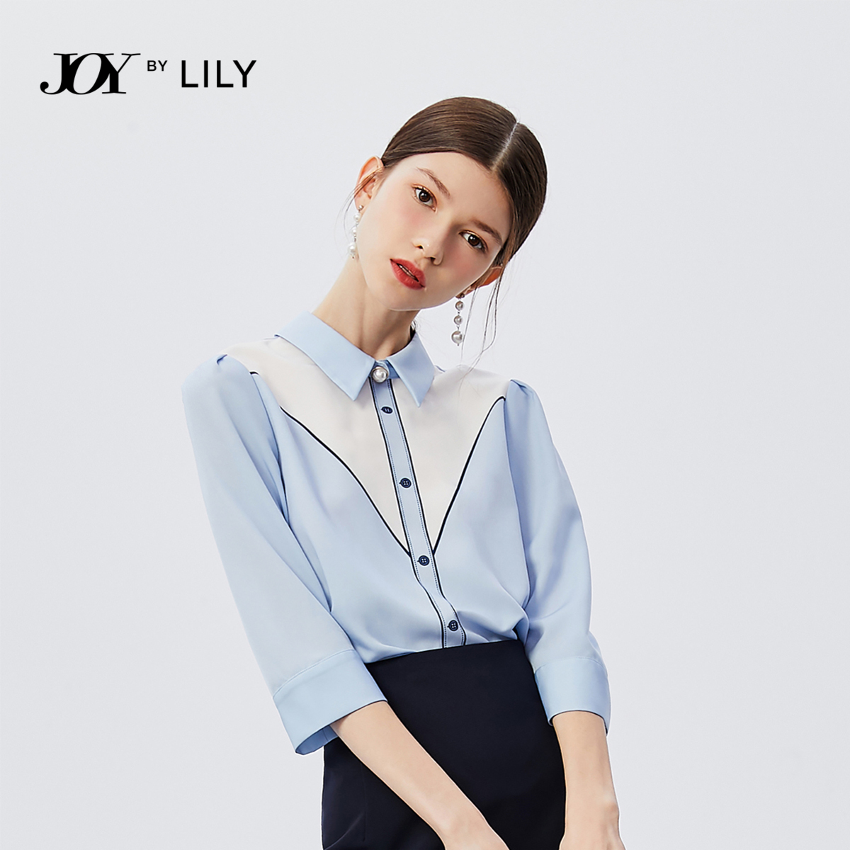 LILY秋季新款女装气质印花通勤宽松中袖蓝色套头雪纺衬衫