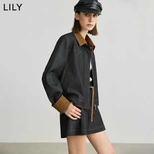 LILY外套女2025新款 秋灯芯绒翻领拼接上衣宽松休闲百搭仿牛仔夹克