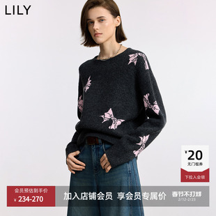 LILY2025冬新款女装含羊毛撞色蝴蝶结提花通勤圆领套头针织衫毛衣