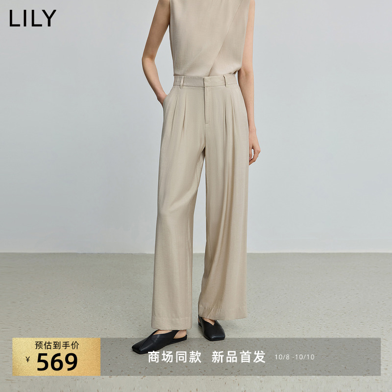 LILY新款亚麻休闲老钱风直筒裤
