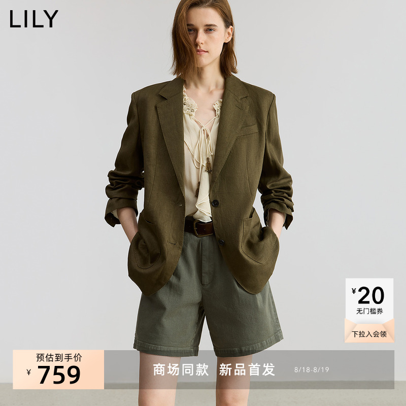 【100%亚麻】商场同款LILY2025秋新款女装复古老钱风驳领西装外套