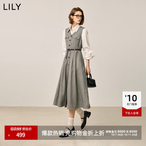 LILY通勤收腰复古无袖马甲连衣裙