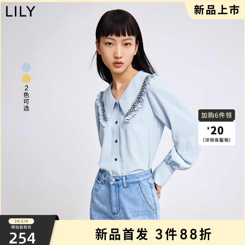 LILY2022春新款女装法式娃娃领复古泡泡袖通勤宽松长袖雪纺衬衫