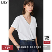 简约假两件V领正肩宽松上衣高级白色短袖 LILY25春新款 女装 流行T恤