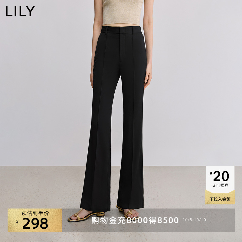 LILY25夏新款女装高腰修身显瘦微喇裤通勤黑色西装裤轻薄休闲长裤