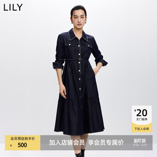 LILY2026春新款 含醋酸莱赛尔翻领垂感收腰气质通勤牛仔连衣裙 女装