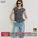 休闲套头衫 LILY2025新款 修身 复古黑白格纹花边圆领小飞袖 女装