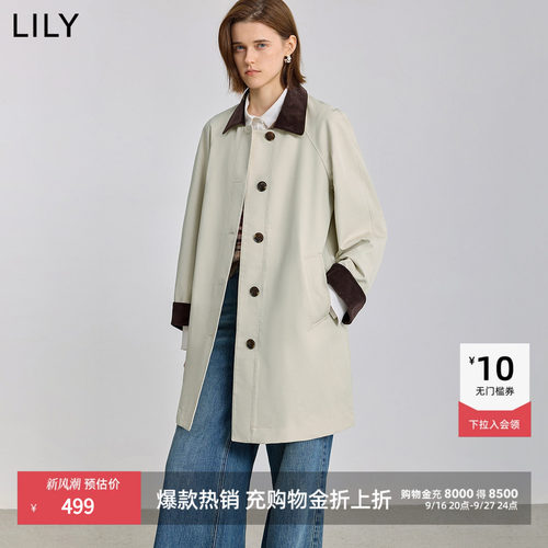 LILY巴恩撞色翻领中长款休闲风衣