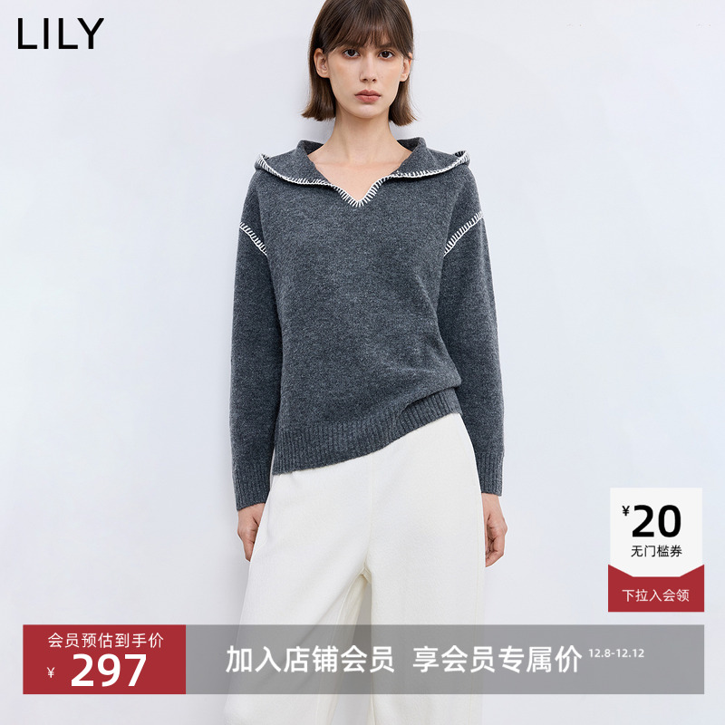 LILY通勤格雷系套头连帽针织衫