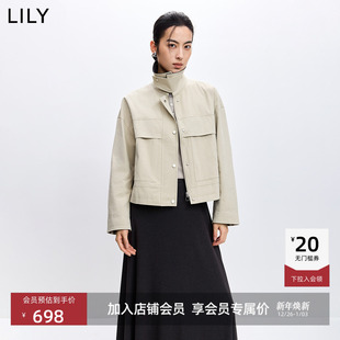 LILY2026春秋新款女装纯棉翻领休闲通勤卡其色上衣工装夹克外套