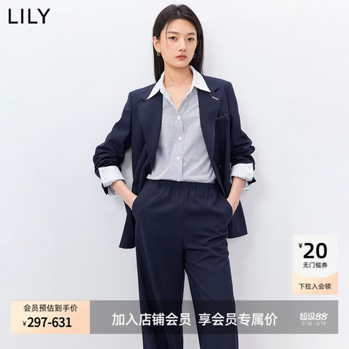LILY2026春新款女装复古经典驳领休闲气质职业通勤藏青色西装外套