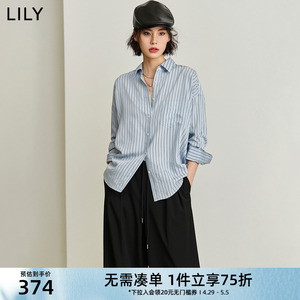 LILY2024春新款女装简约竖条纹垂坠感长袖衬衫翻领宽松衬衣上衣女