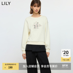 LILY2025秋冬新款撞色加厚上衣宽松百搭白色套头无帽圆领卫衣女