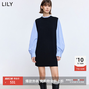 LILY2026春秋新款复古拼接条纹长袖气质通勤宽松直筒针织连衣裙女