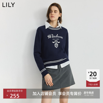 LILY藏青色嵌花休闲通勤针织毛衣