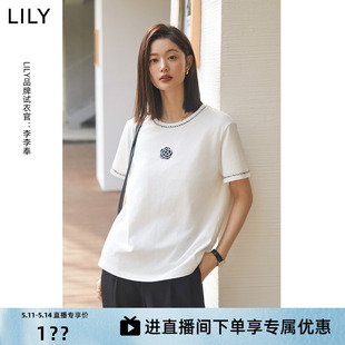 LILY2024夏新款 舒适全棉设计感浪漫玫瑰休闲复古百搭T恤上衣 女装