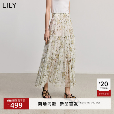 【商场同款】LILY2025夏新款女装波西米亚风碎花休闲百褶裙半身裙
