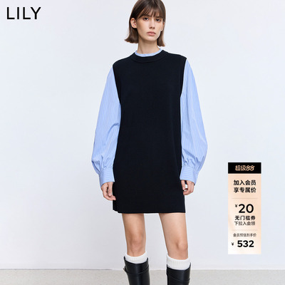 LILY通勤复古长袖拼接深色连衣裙