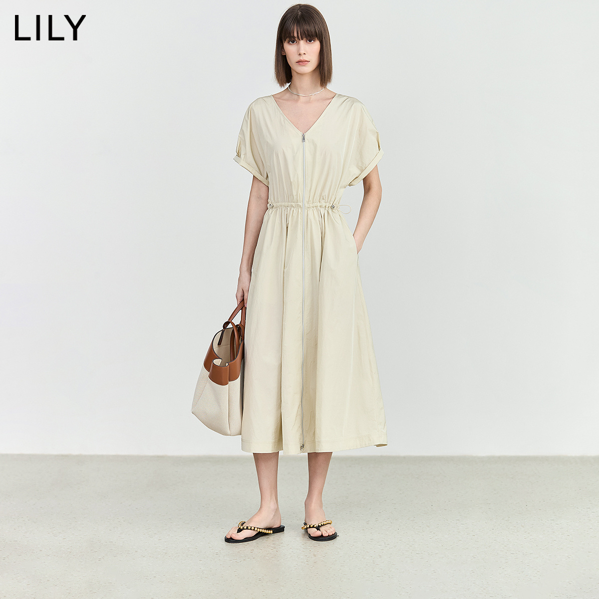 【商场同款】LILY2024夏新款温柔时尚通勤收腰显瘦V领短袖连衣裙