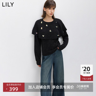 LILY2026春新款设计感披肩斗篷彩色亮片气质通勤深色针织衫毛衣女