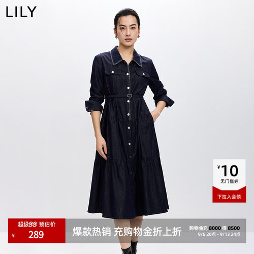 LILY通勤收腰翻领牛仔女装连衣裙