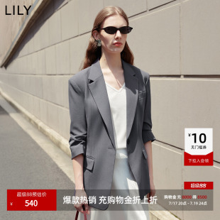 LILY2026夏新款复古经典竖条纹驳领七分袖修身收腰西装外套女西服
