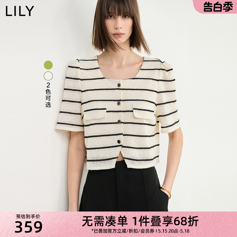 LILY2024夏新款女装气质复古方领浪漫泡泡袖时尚通勤款短外套上衣