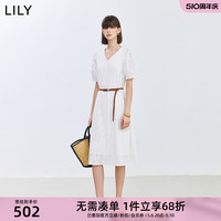 LILY2024夏新款女装气质温柔设计感蕾丝显瘦腰带短袖连衣裙小白裙