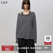 LILY2025黑白撞色条纹宽松慵懒落肩休闲针织衫 商场同款 女