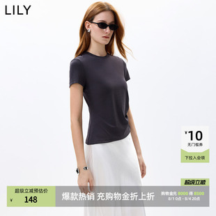 LILY2026秋新款莱赛尔混纺简约正肩不对称收腰休闲通勤短袖T恤女