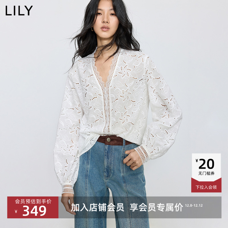 LILY法式镂空通勤蕾丝纯棉套头衫