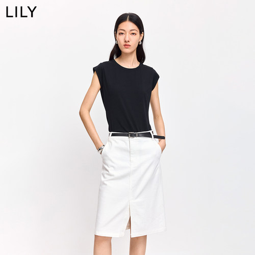LILY2026夏新款莫代尔混纺圆领休闲通勤小包袖T恤上衣内搭短款女