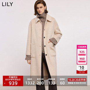 羊毛LILY2025冬新款简约翻领宽松通勤浅色毛呢大衣外套女长款