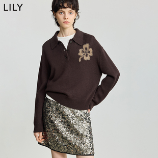 LILY2025冬新款女装羊毛混纺POLO领羽毛纱亮丝休闲通勤深色针织衫