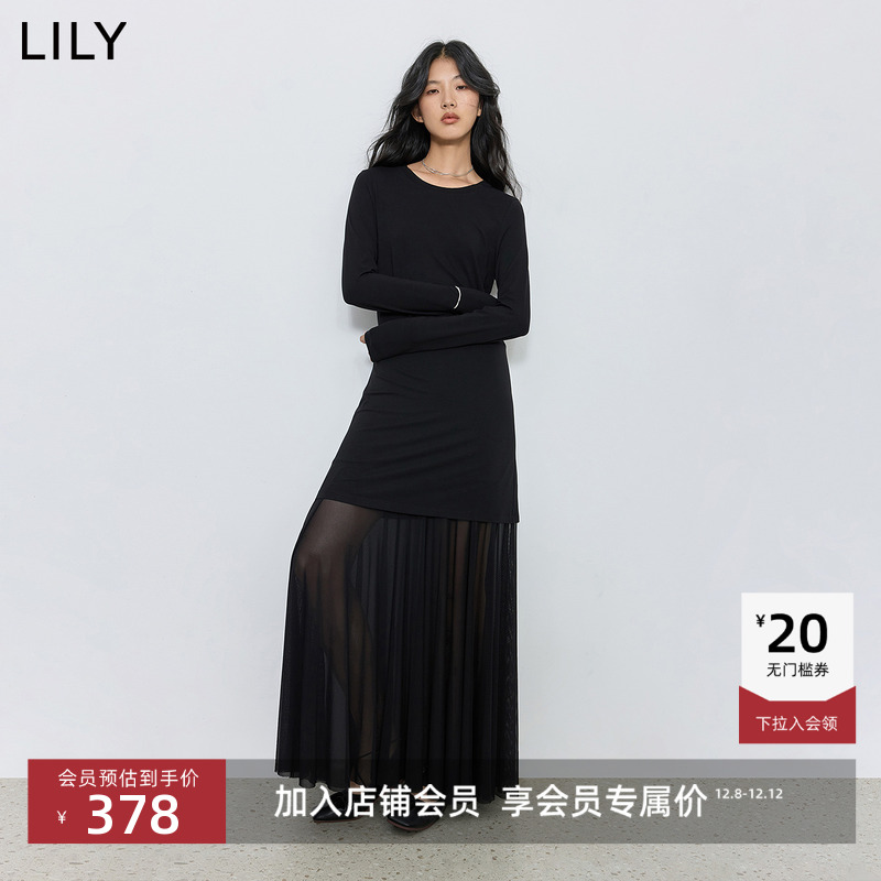 LILY通勤收腰长袖法式针织连衣裙