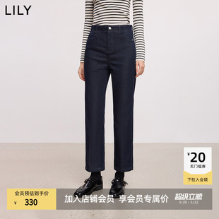 LILY2025冬女款复古修身窄版显瘦高腰微弹加绒九分直筒蓝色牛仔裤