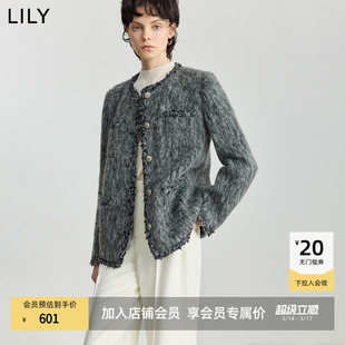 LILY2025冬新款女装格雷系羊毛混纺气质撞色小香风毛呢外套短款