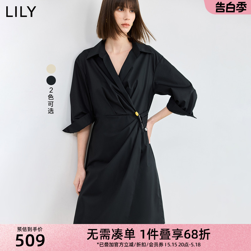 LILY2024夏新款女装气质设计感不对称腰扣中长款衬衫连衣裙小个子