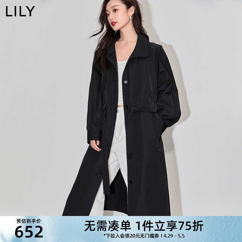 LILY2024春新款女装复古气质通勤款时尚腰带黑色垂感长款风衣外套