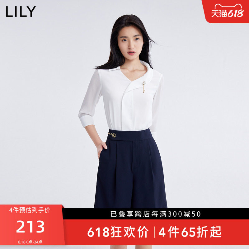 LILY夏新款女装别致不对称气质纯色宽松垂感白色雪纺衫