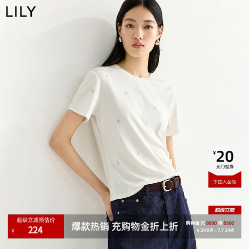 LILY通勤正肩烫钻莱赛尔混纺短袖